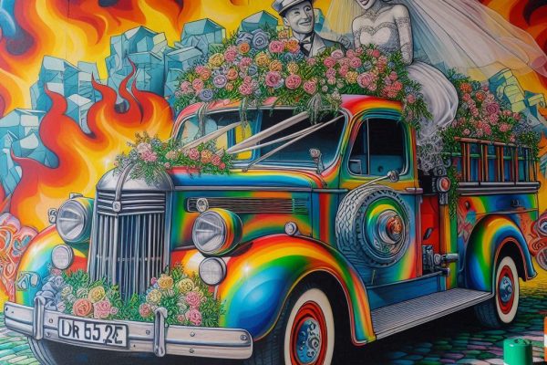 In bunter Graffite kunst, eine Hochzeitsfahrten mit einem Feuerwehr Oldtimerfahrzeug
